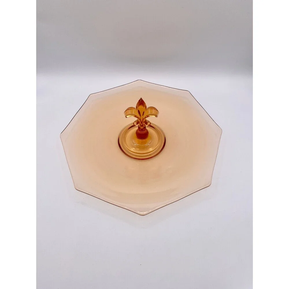 Fostoria Pioneer Amber Glass Serving Dish: Fleur de Lis Handle, Octagon 12”